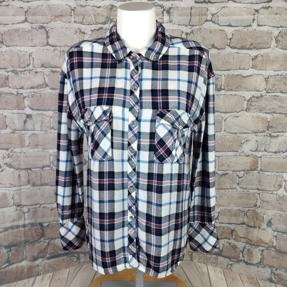 Rails x Free People Button  Front Plaid Shirt Rayon White Blues Pink Size XS - Picture 2 of 16
